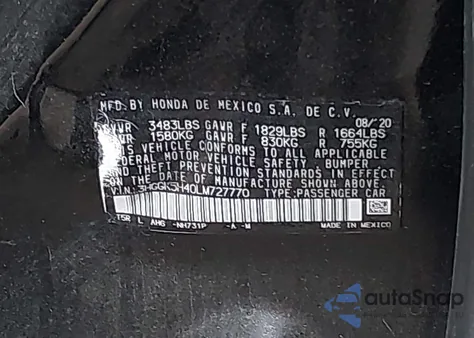 2020 Honda Fit Lx из США, поврежденный, VIN 3HGGK5H40LM727770